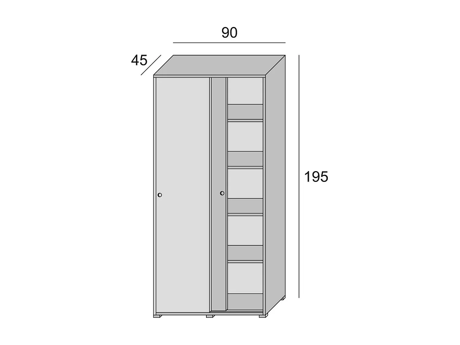 Armoire Dbuti, armoire avec 2 portes coulissantes et 4 étagères, mobilier de chambre polyvalent moderne, 100% Made in Italy, 90x45h195 cm, Chêne et Blanc