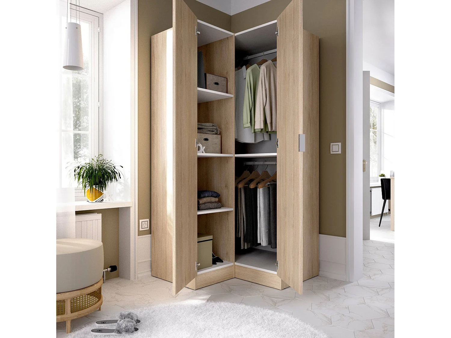 Kleiderschrank Dcipo, Eckmöbel für Schlafzimmer, Eckschrank mit 2 Flügeltüren, 91x93h184 cm, Eiche