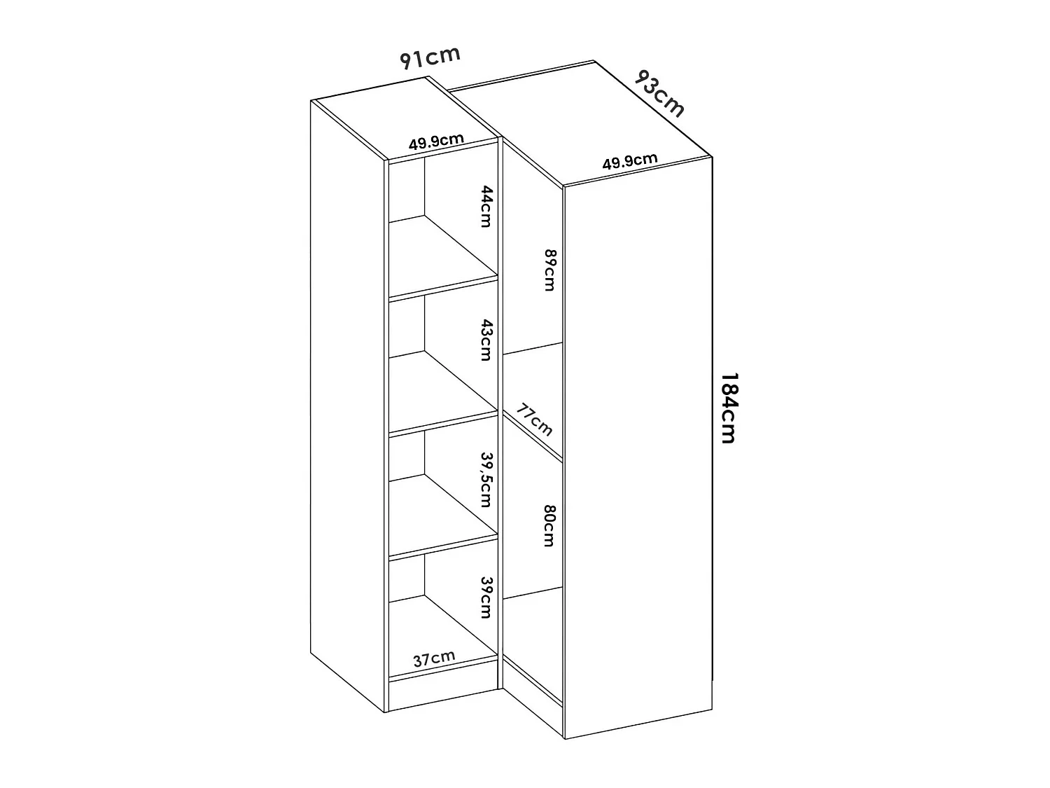 Armario Dcipo, Mueble de esquina para dormitorio, Armario de esquina con 2 puertas batientes, 91x93h184 cm, Roble