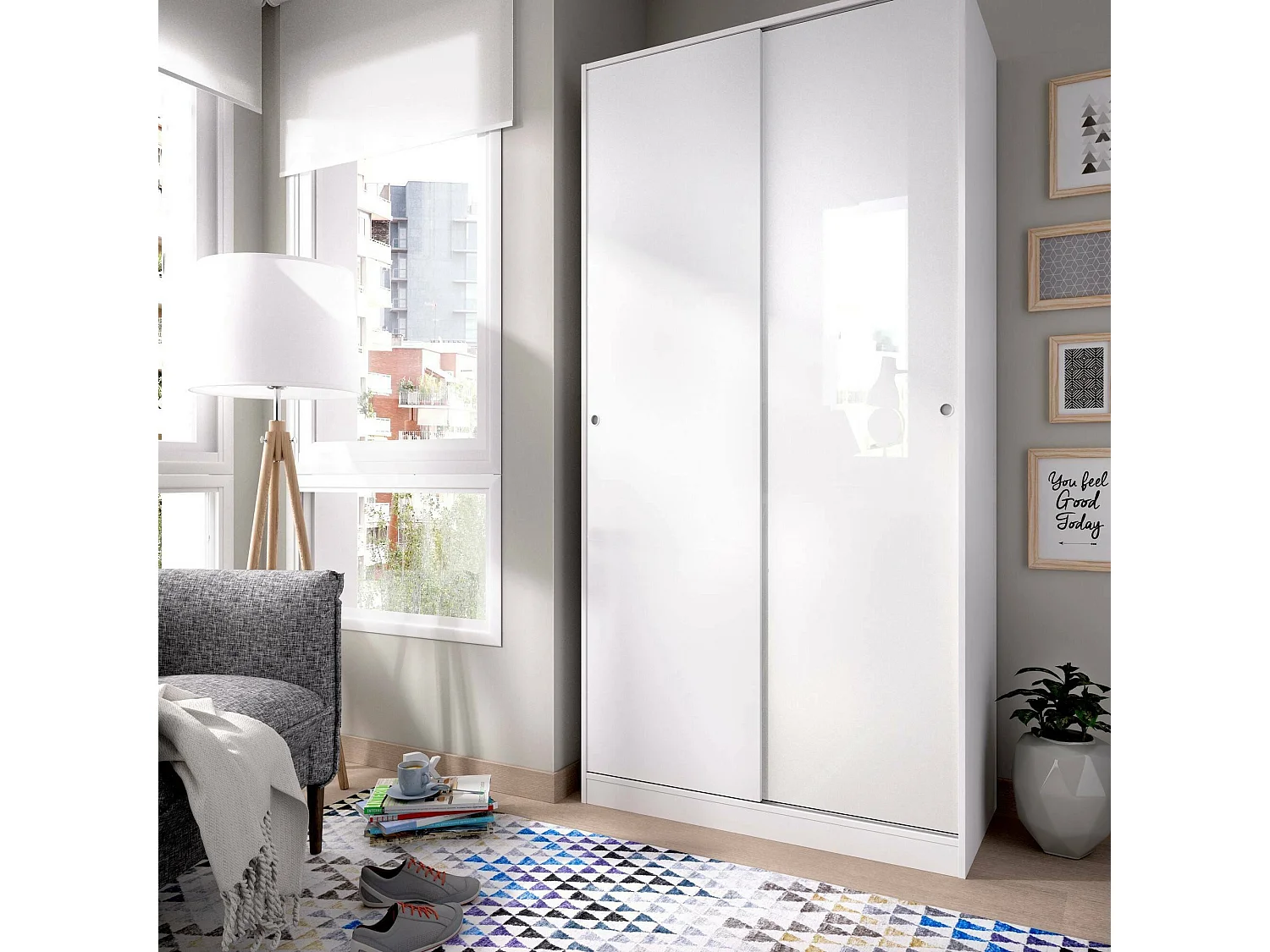 Guardaroba 2 Ante Abigale, Appendiabiti, 50x204h cm Bianco Lucido, Armadio Camera da Letto