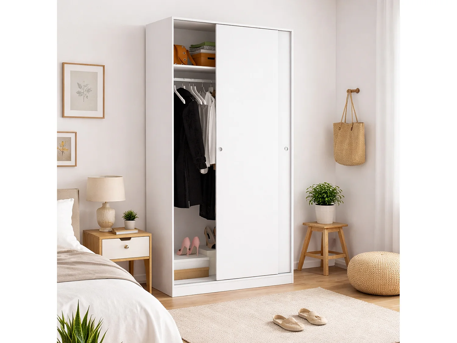 Guardaroba 2 Ante Abigale, Appendiabiti, 50x204h cm Bianco Lucido, Armadio Camera da Letto