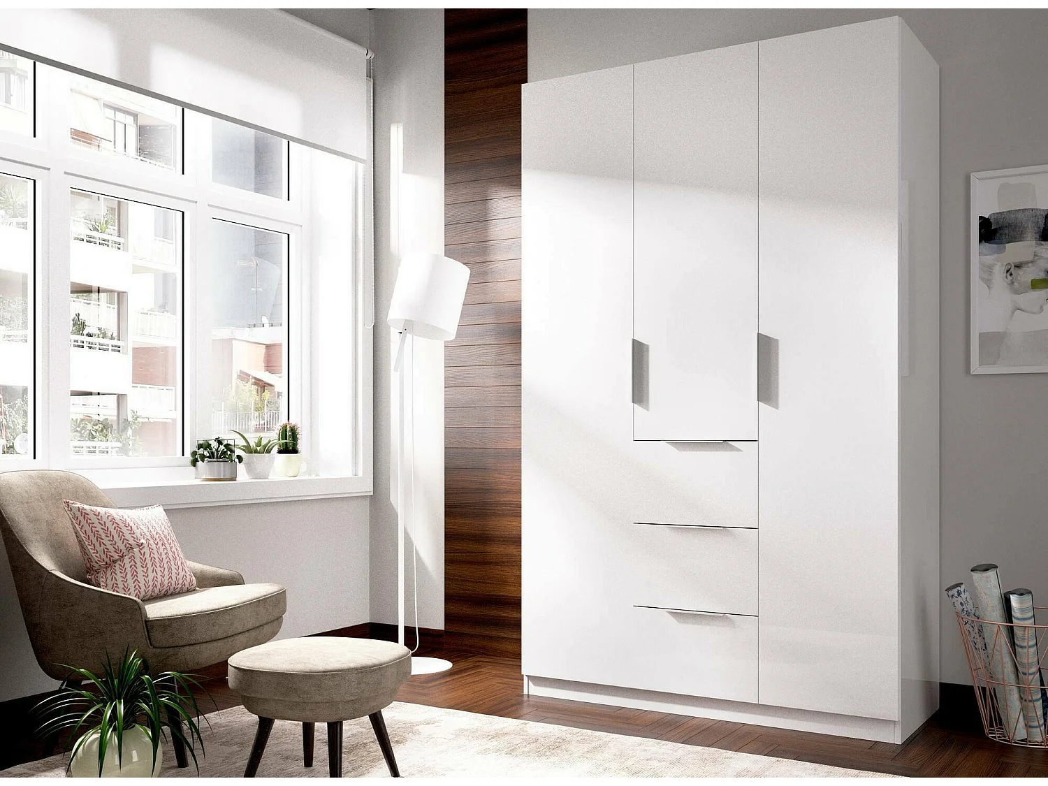 Kleiderschrank Dcurt, Garderobe für Schlafzimmer, Kleiderschrank mit 3 Flügeltüren und 3 Schubladen, 135x52h204 cm, WeiÃŸ