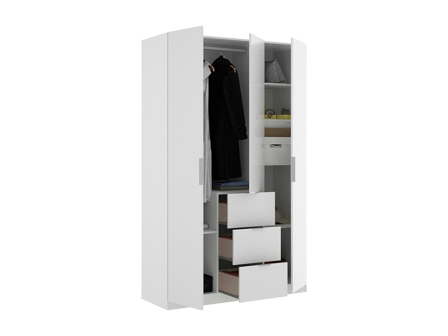 Kleiderschrank Dcurt, Garderobe für Schlafzimmer, Kleiderschrank mit 3 Flügeltüren und 3 Schubladen, 135x52h204 cm, WeiÃŸ