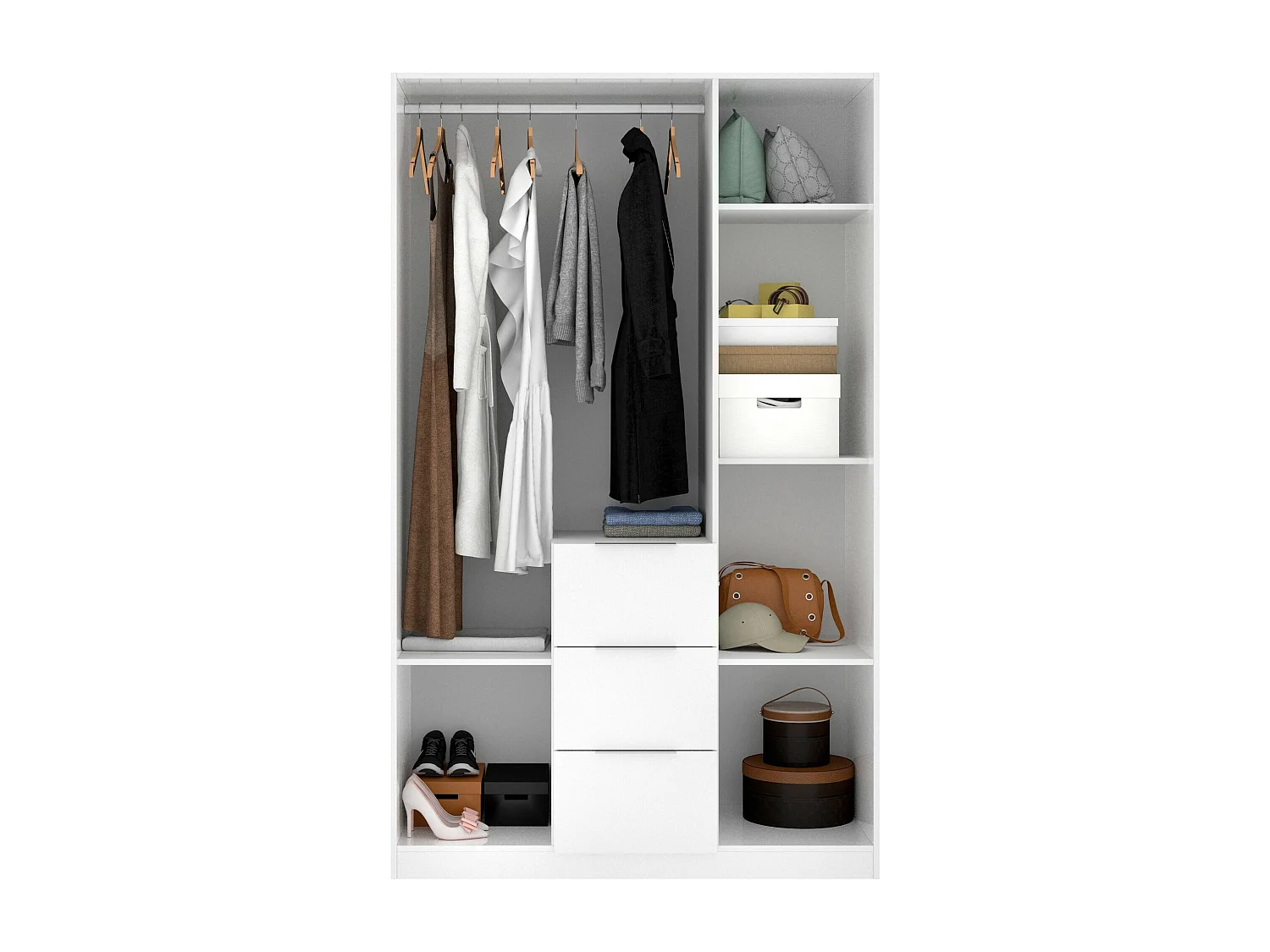 Kleiderschrank Dcurt, Garderobe für Schlafzimmer, Kleiderschrank mit 3 Flügeltüren und 3 Schubladen, 135x52h204 cm, WeiÃŸ