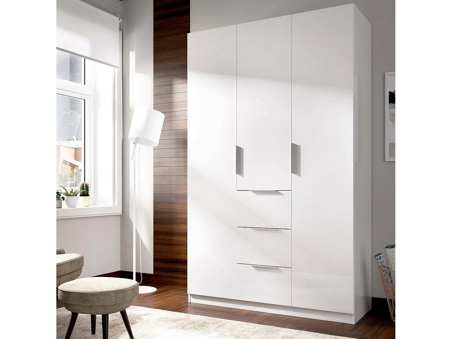 Dcurt Armoire, Cintre pour chambre à coucher, Armoire avec 3 portes battantes et 3 tiroirs, 135x52h204 cm, Blanc