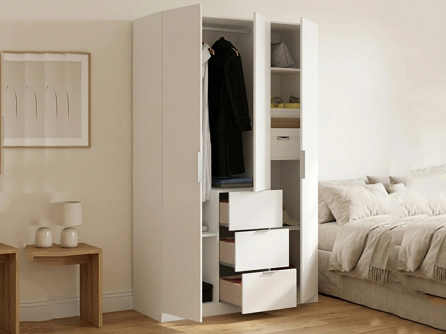 Dcurt Armoire, Cintre pour chambre à coucher, Armoire avec 3 portes battantes et 3 tiroirs, 135x52h204 cm, Blanc