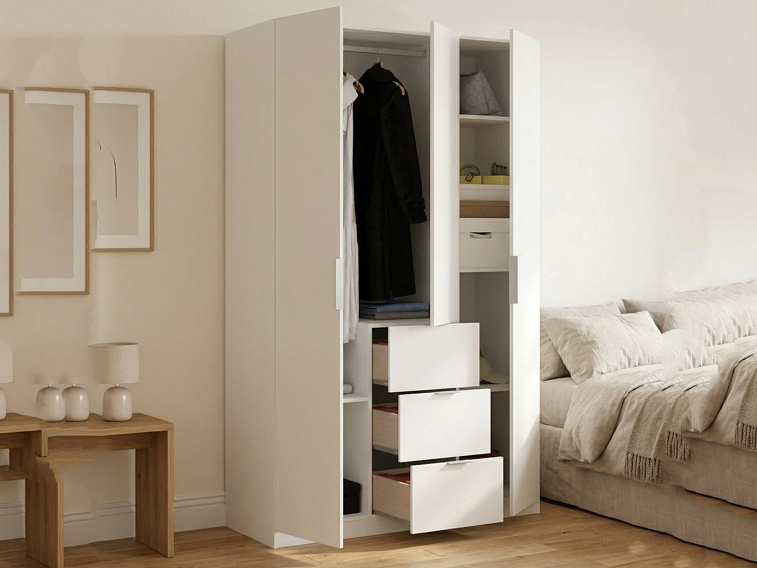 Dcurt Armoire, Cintre pour chambre à coucher, Armoire avec 3 portes battantes et 3 tiroirs, 135x52h204 cm, Blanc