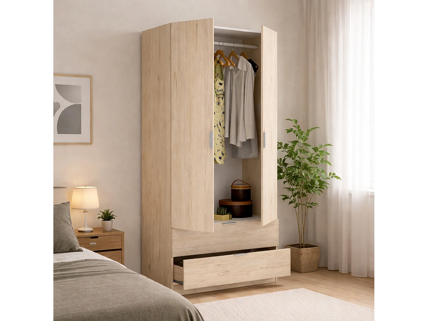Armoire Dlunin, Cintre pour chambre à coucher, Armoire avec 2 portes battantes et 2 tiroirs, 81x52h184 cm, Chêne