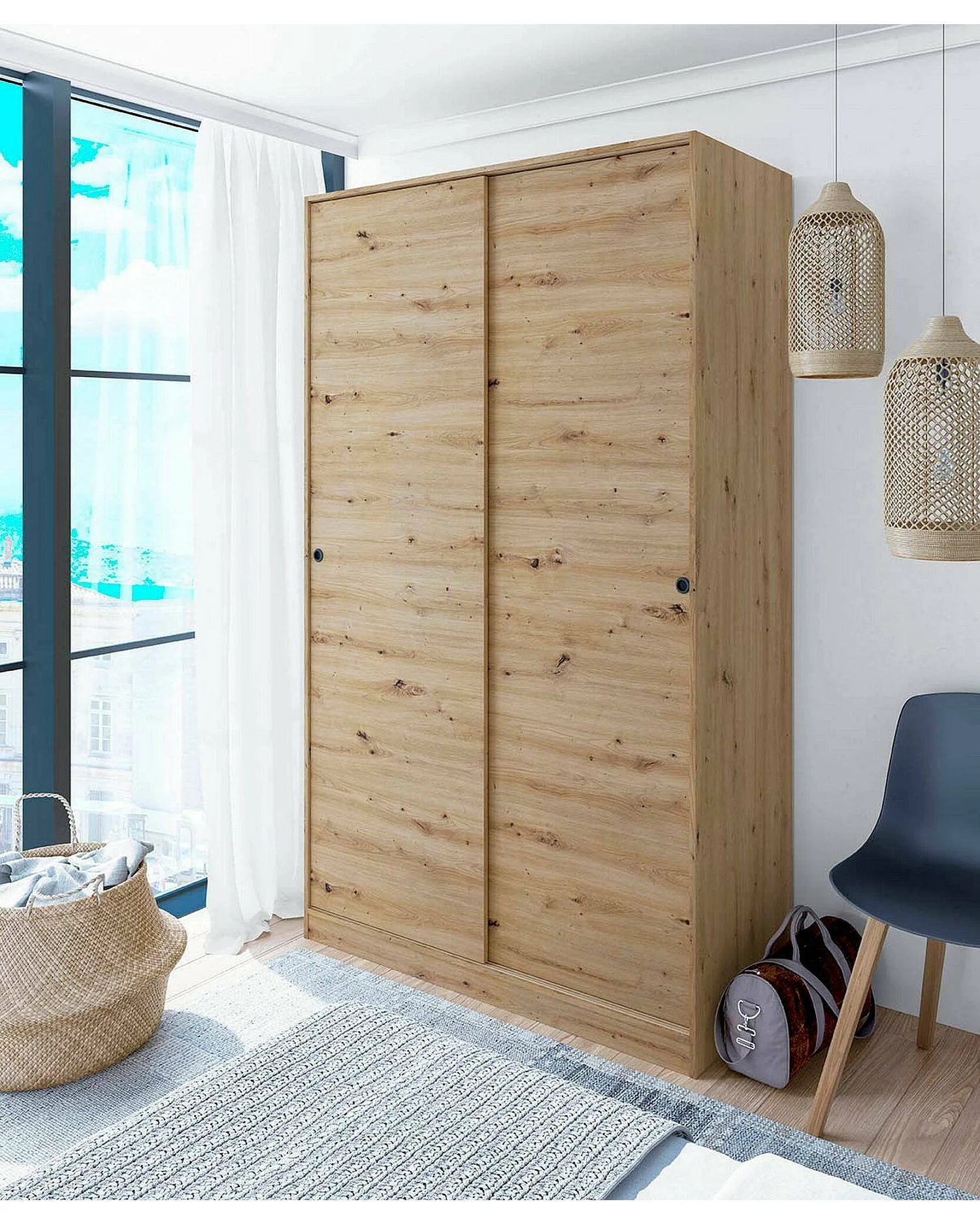 Armoire Dnoce, Armoire de chambre avec 2 portes coulissantes, Armoire avec 4 étagères et tringle à vêtements, 120x50h200 cm, Chêne Nodi