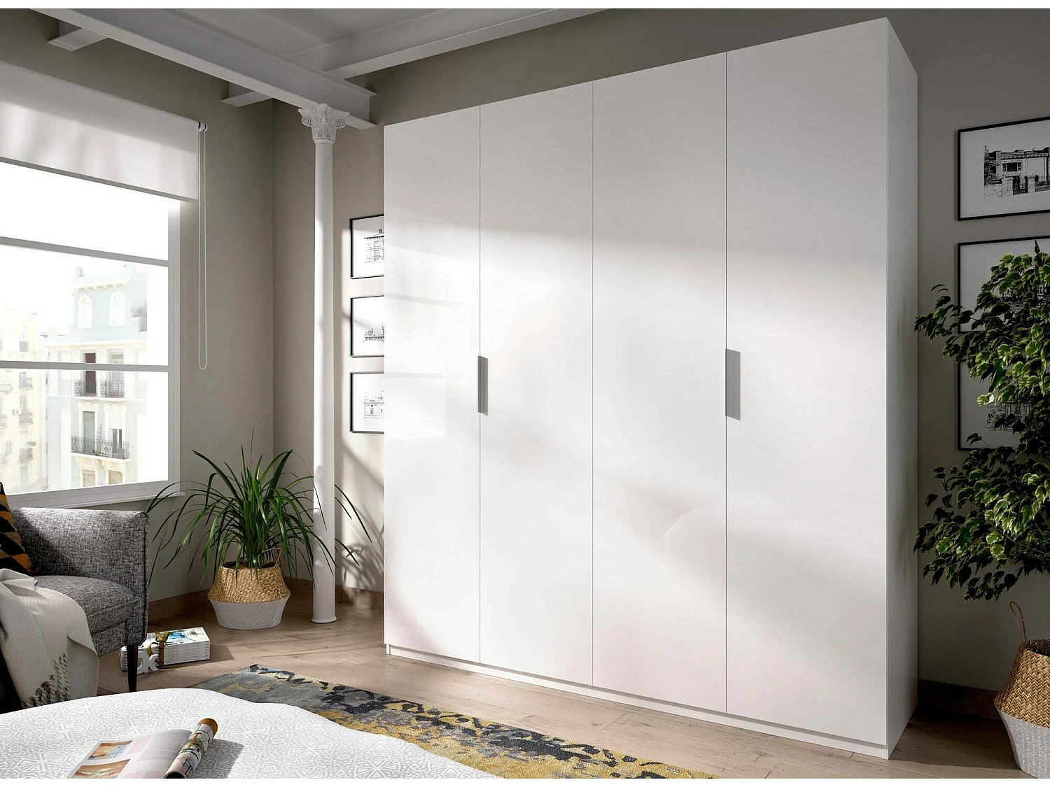 Armoire Dmaehl, Cintre pour chambre à coucher, Armoire avec 4 portes battantes, 180x52h204 cm, Blanc