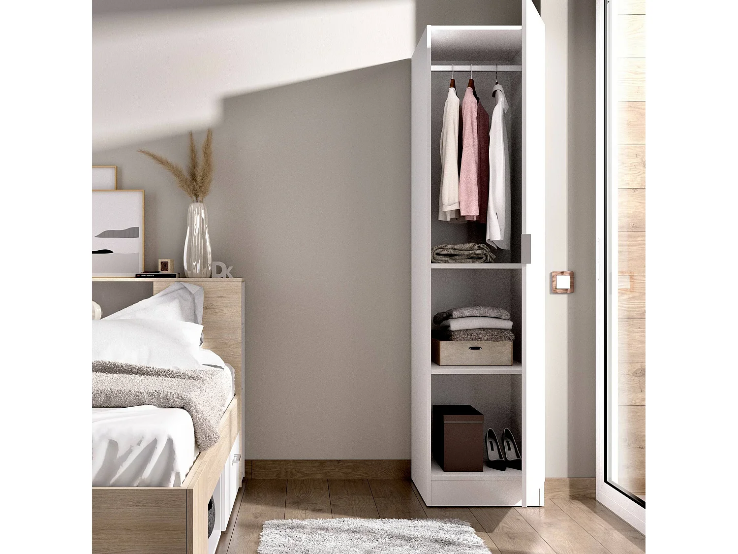 Armoire Dbusat, Cintre pour chambre à coucher, Armoire avec 1 porte simple, 41x52h184 cm, Blanc