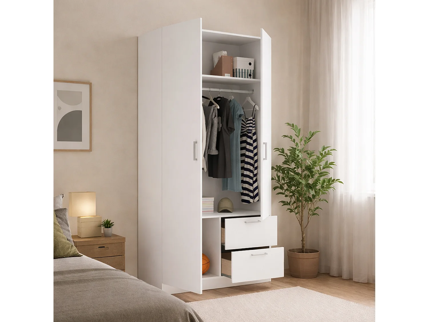 Guardaroba 2 Ante Amp, 2 Cassetti, 52x215h cm Bianco, Armadio Camera da Letto