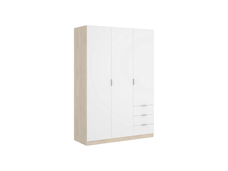 Armoire Dbarro, Cintre pour chambre à coucher, Armoire avec 3 portes battantes et 3 tiroirs, 121x52h184 cm, Blanc et Chêne