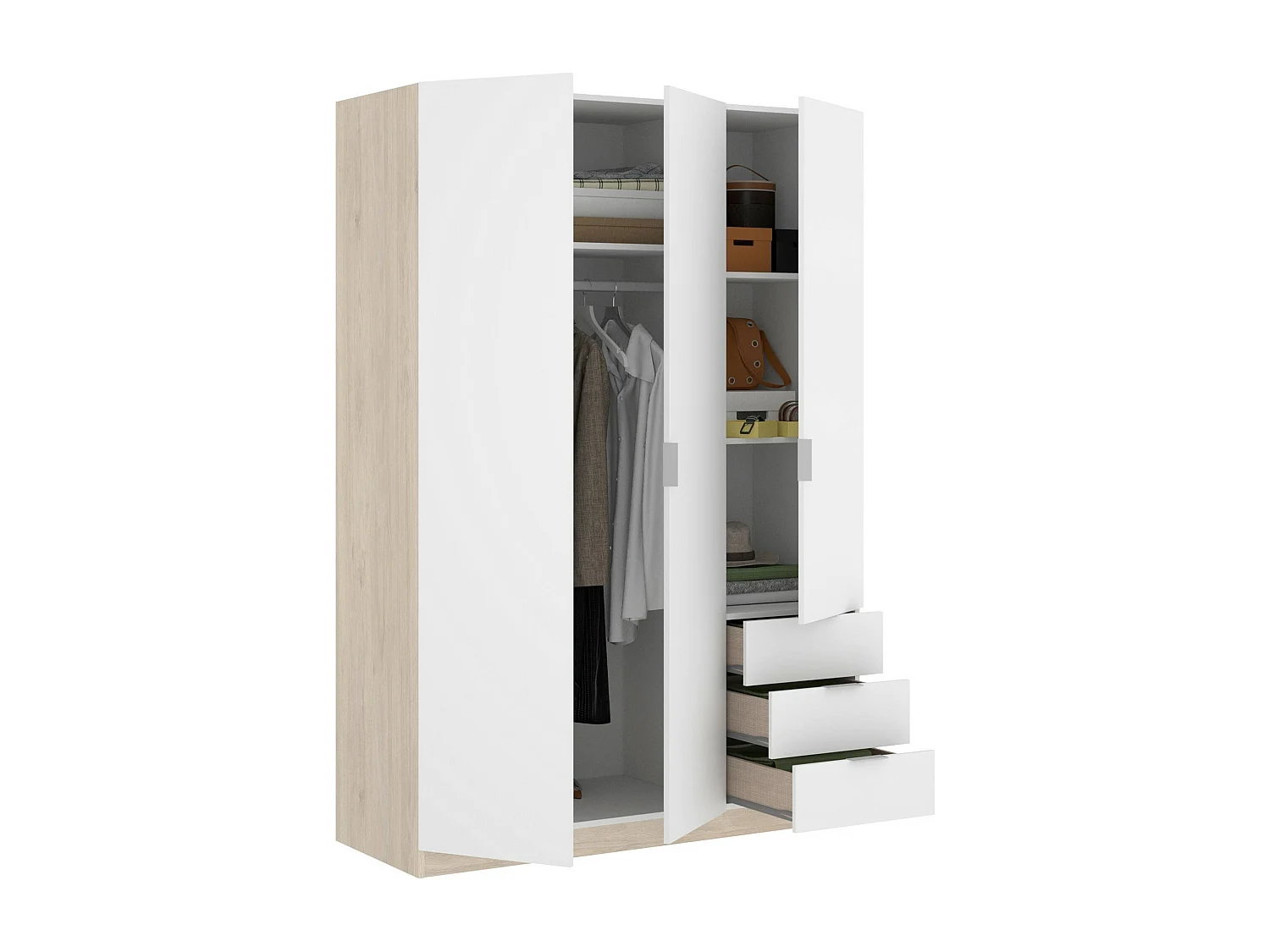 Kleiderschrank Dbarro, Garderobe für Schlafzimmer, Kleiderschrank mit 3 Flügeltüren und 3 Schubladen, 121x52h184 cm, WeiÃŸ und Eiche