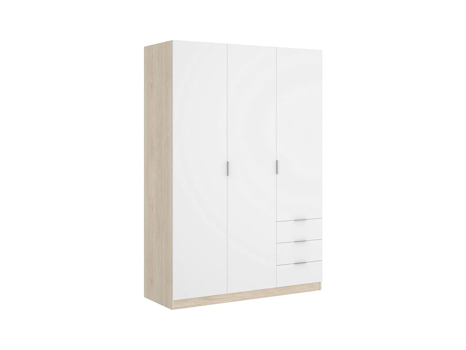 Armoire Dbarro, Cintre pour chambre à coucher, Armoire avec 3 portes battantes et 3 tiroirs, 121x52h184 cm, Blanc et Chêne