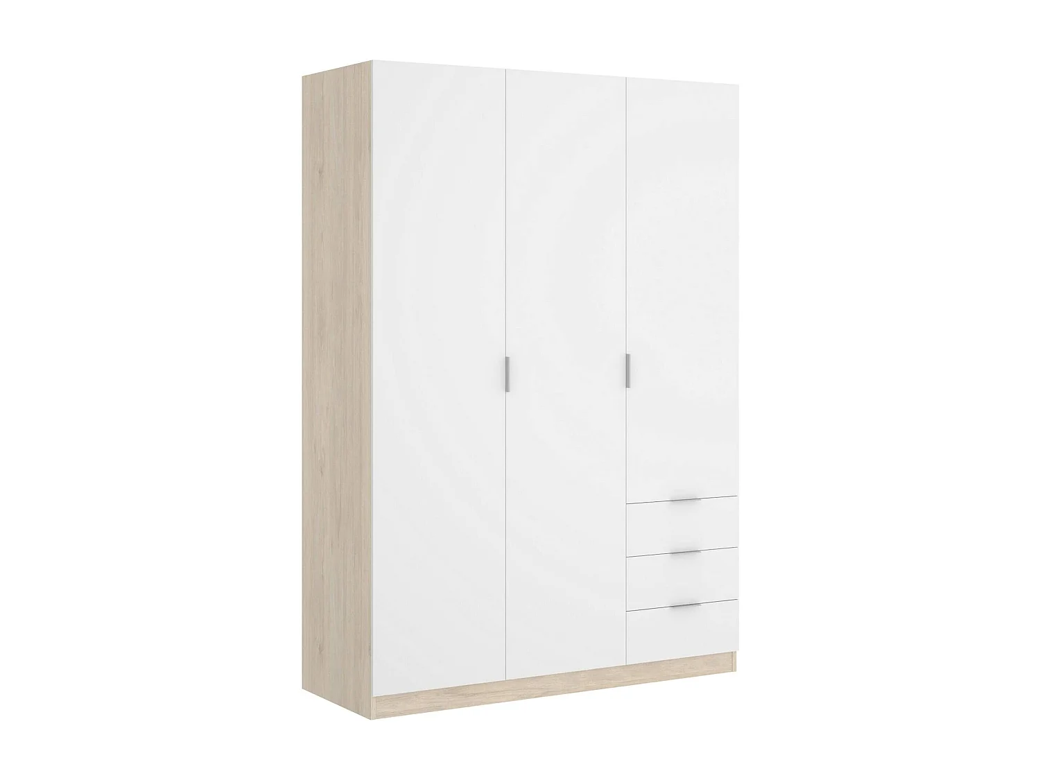 Kleiderschrank Dbarro, Garderobe für Schlafzimmer, Kleiderschrank mit 3 Flügeltüren und 3 Schubladen, 121x52h184 cm, WeiÃŸ und Eiche