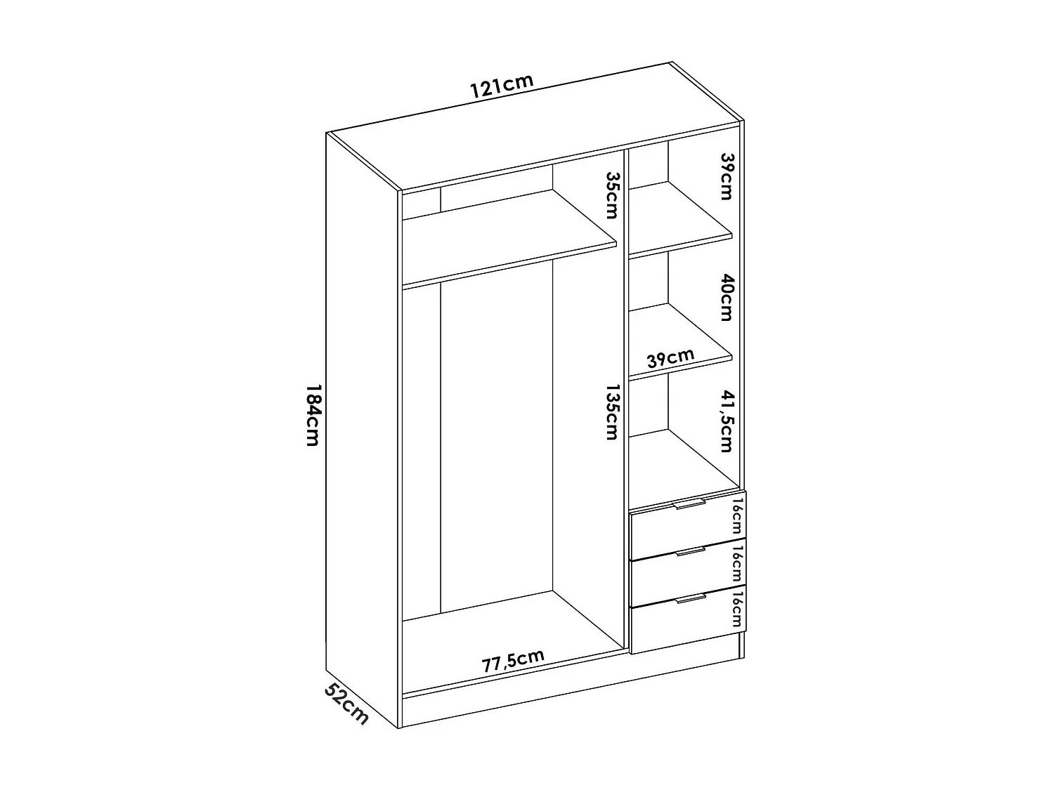 Kleiderschrank Dbarro, Garderobe für Schlafzimmer, Kleiderschrank mit 3 Flügeltüren und 3 Schubladen, 121x52h184 cm, WeiÃŸ und Eiche