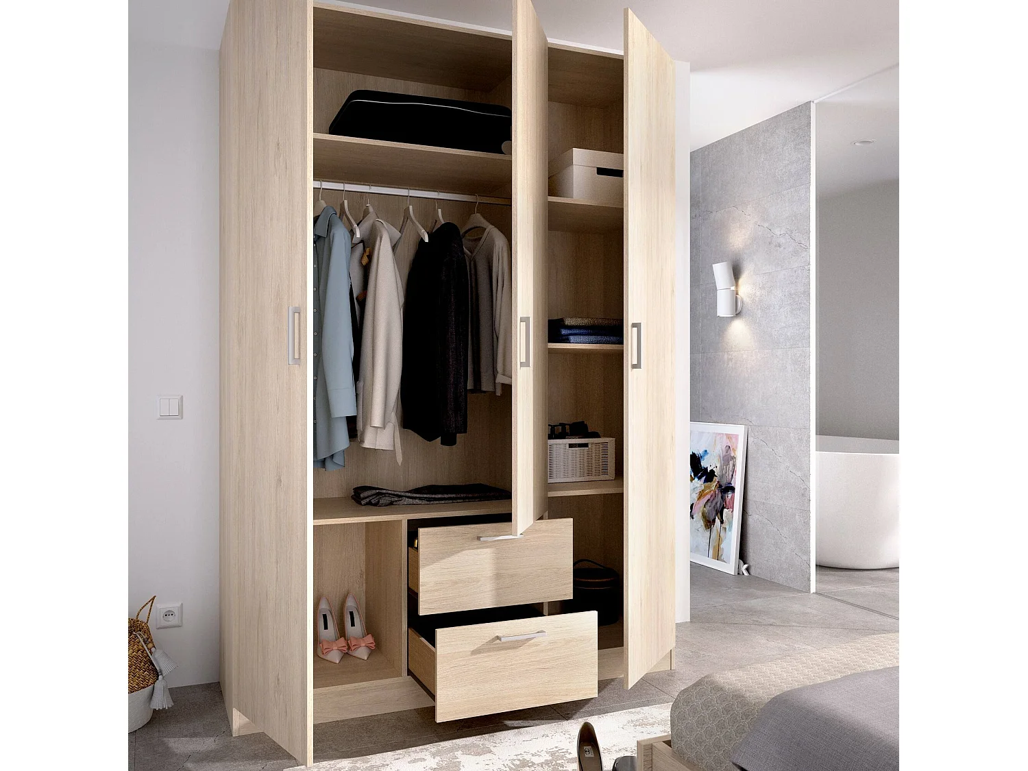 Dacca Armoire, Cintre pour chambre à coucher, Armoire avec 3 portes battantes et 2 tiroirs, 150x52h215 cm, Chêne