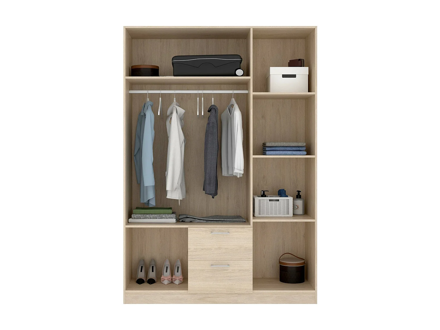 Dacca kledingkast, Kledinghanger voor slaapkamer, Kledingkast met 3 draaideuren en 2 laden, 150x52h215 cm, Eiken