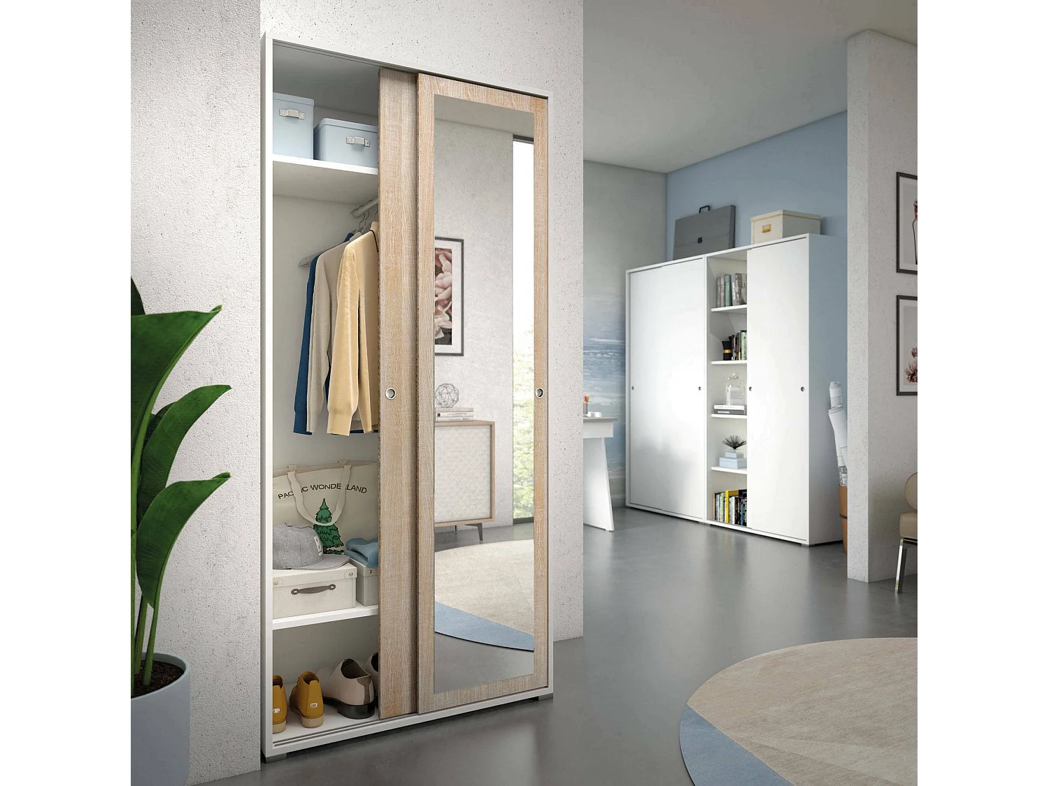 Dmora - Guardaroba Abduhl, 90x45h195 cm, Rovere e Bianco