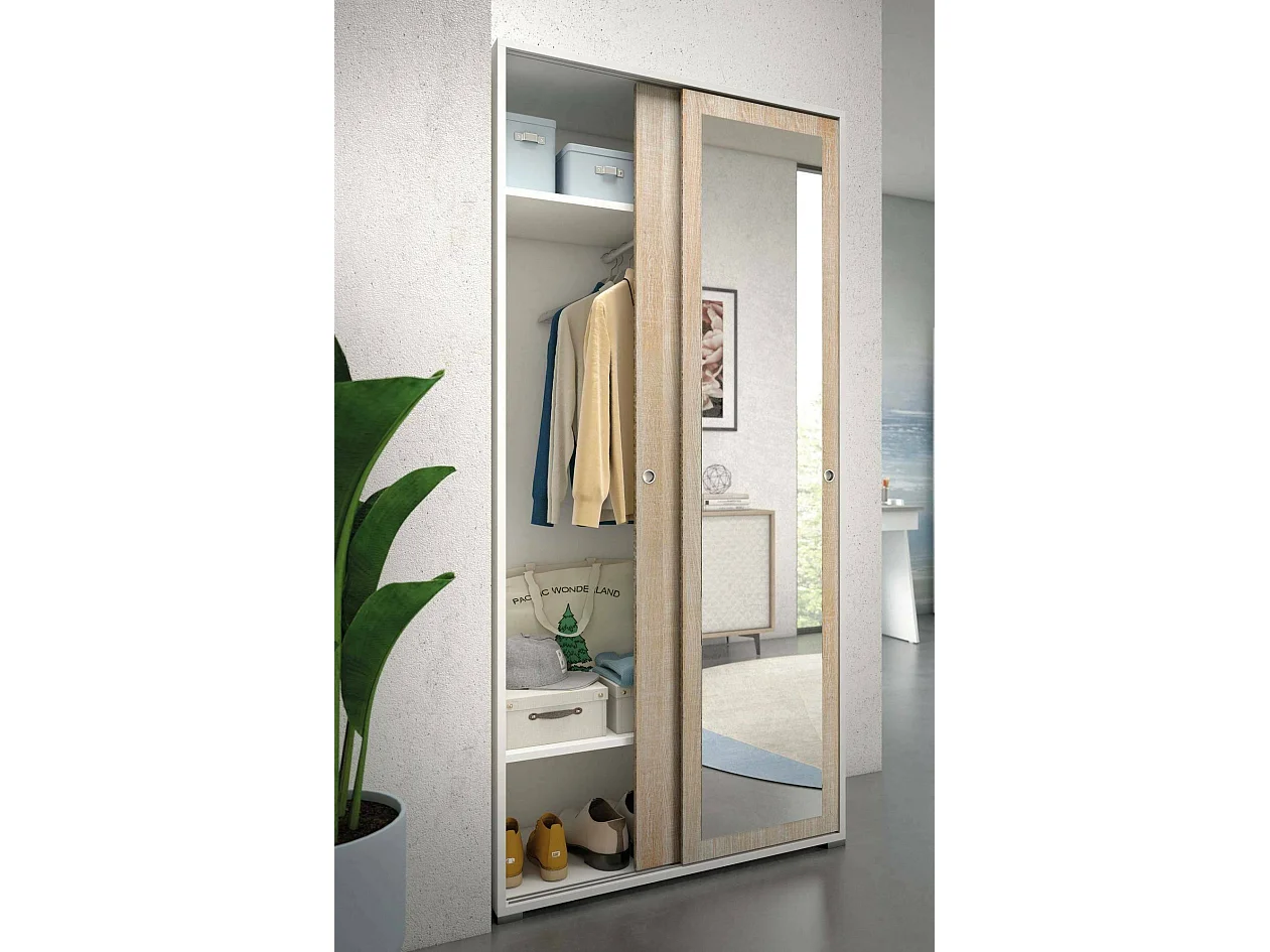 Armoire Dmontic, Armoire avec 2 portes coulissantes et miroir, Armoire avec tringle à vêtements et étagères, 100% Made in Italy, 90x45h195 cm, Chêne et Blanc