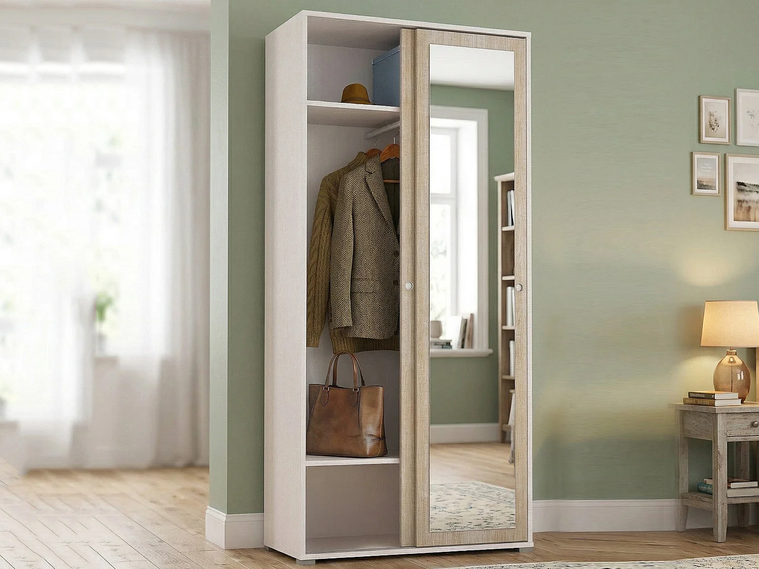Armoire Dmontic, Armoire avec 2 portes coulissantes et miroir, Armoire avec tringle à vêtements et étagères, 100% Made in Italy, 90x45h195 cm, Chêne et Blanc