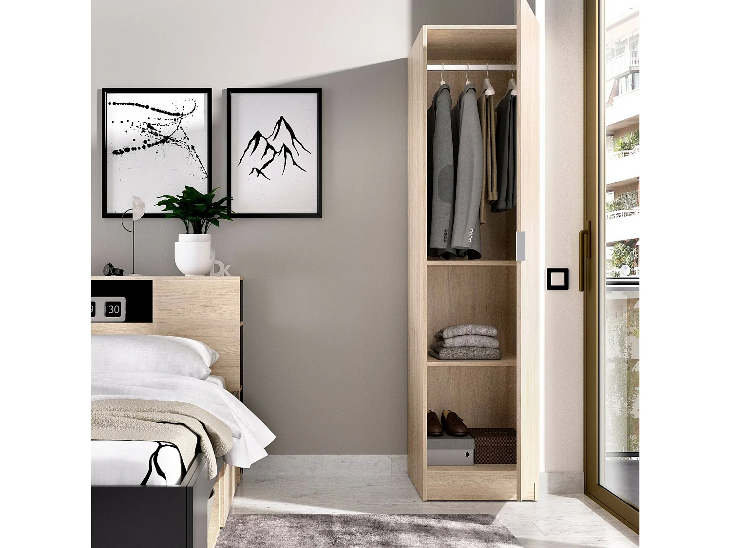 Armoire Dbusat, Cintre pour chambre à coucher, Armoire avec 1 porte simple, 41x52h184 cm, Chêne