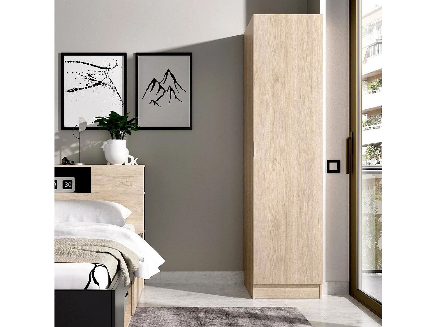 Kleiderschrank Dbusat, Kleiderbügel für Schlafzimmer, Kleiderschrank mit 1 Einzeltür, 41x52h184 cm, Eiche