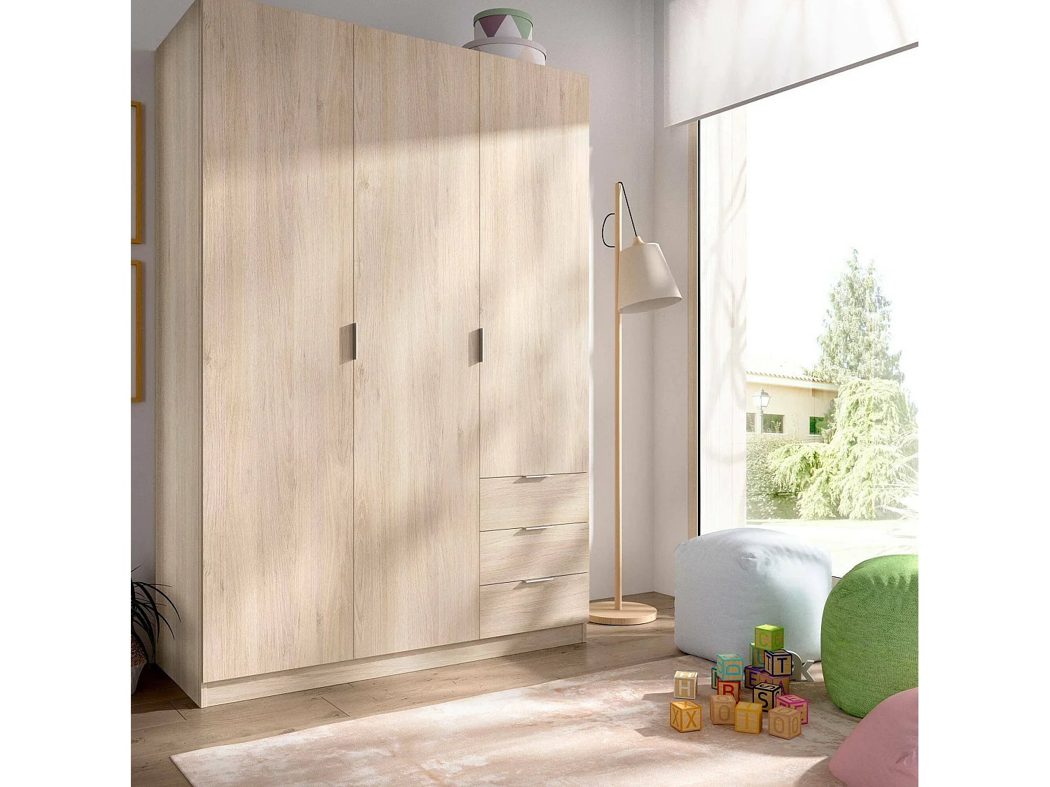 Armario Dbarro, Perchero para dormitorio, Armario con 3 puertas batientes y 3 cajones, 121x52h184 cm, Roble