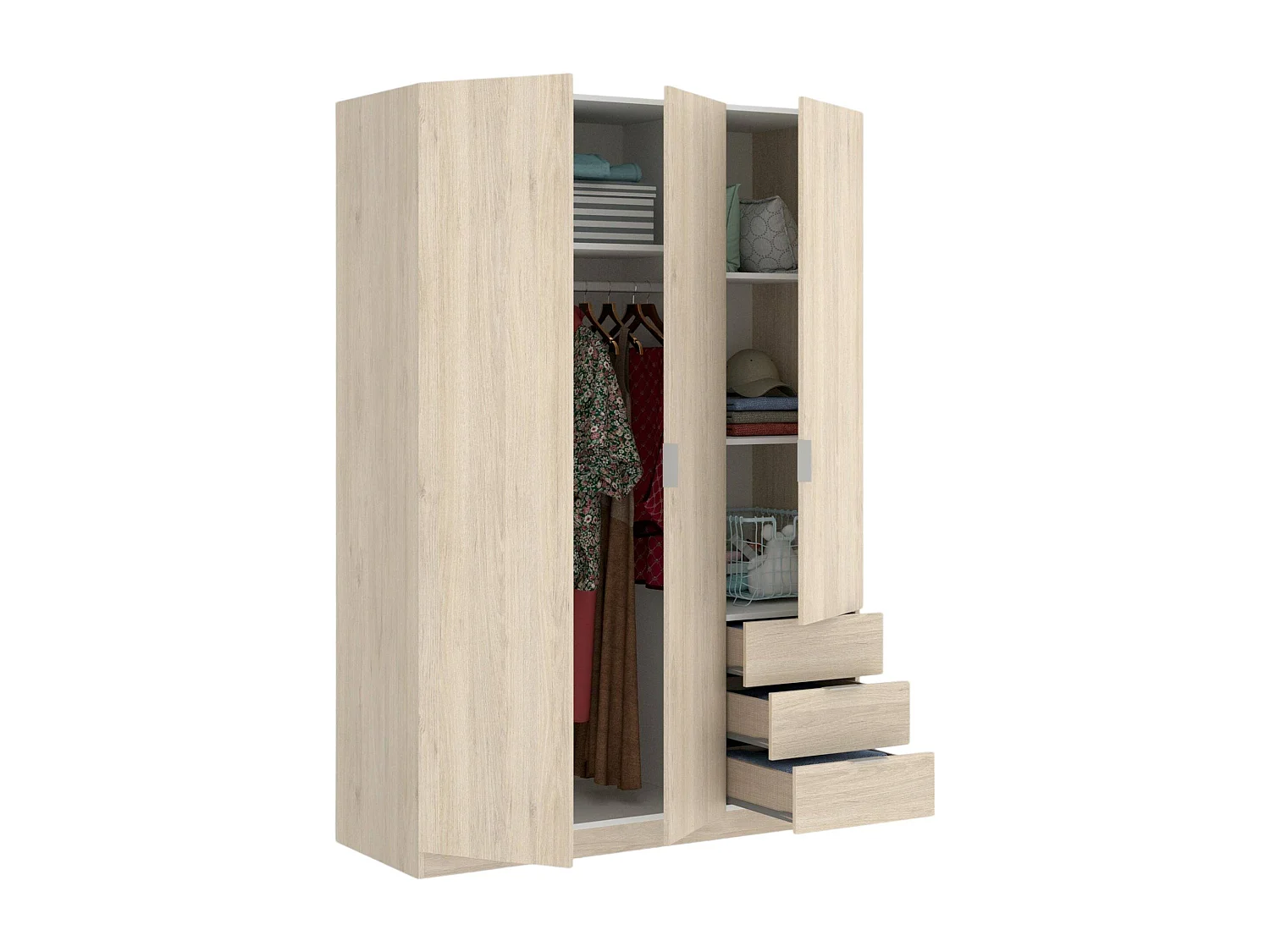 Armario Dbarro, Perchero para dormitorio, Armario con 3 puertas batientes y 3 cajones, 121x52h184 cm, Roble