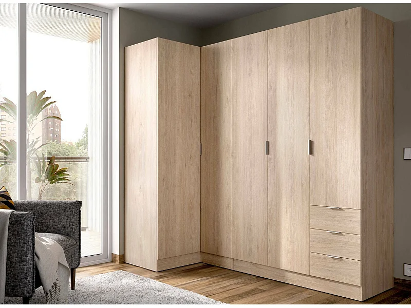 Armoire Dmezzan, Armoire d'angle pour chambre à coucher, Armoire d'angle avec 5 portes battantes, 214x91h184 cm, Chêne