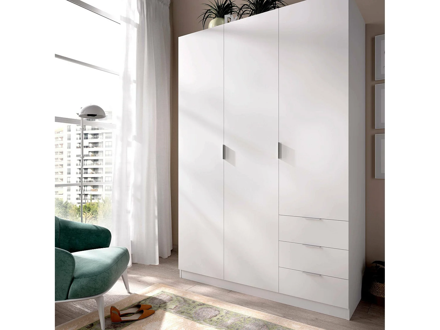 Kleiderschrank Dbarro, Garderobe für Schlafzimmer, Kleiderschrank mit 3 Flügeltüren und 3 Schubladen, 121x52h184 cm, WeiÃŸ