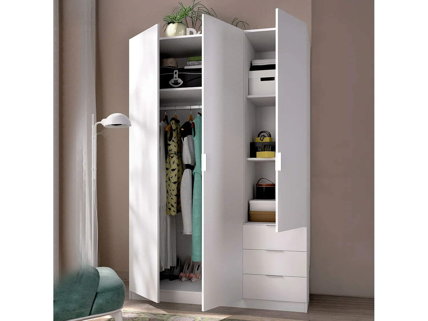 Guardaroba 3 Ante Astru, 3 Cassetti, 52x121 cm Bianco, Armadio Camera da Letto