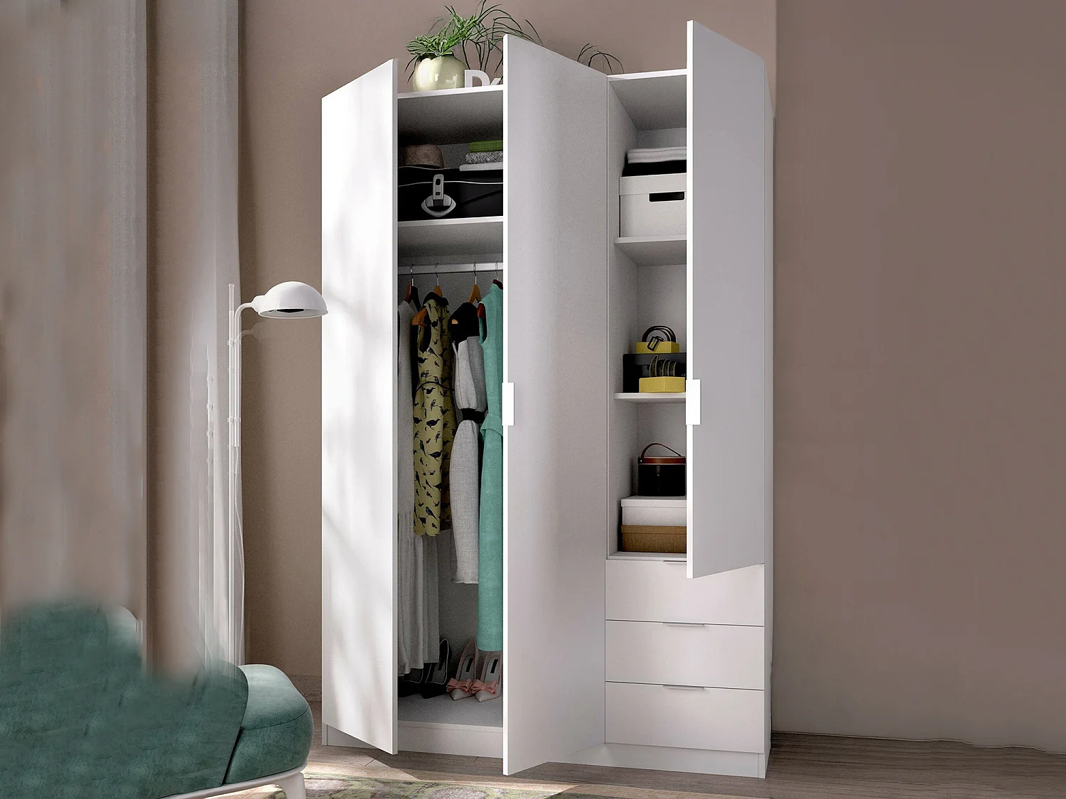 Armoire Dbarro, Cintre pour chambre à coucher, Armoire avec 3 portes battantes et 3 tiroirs, 121x52h184 cm, Blanc