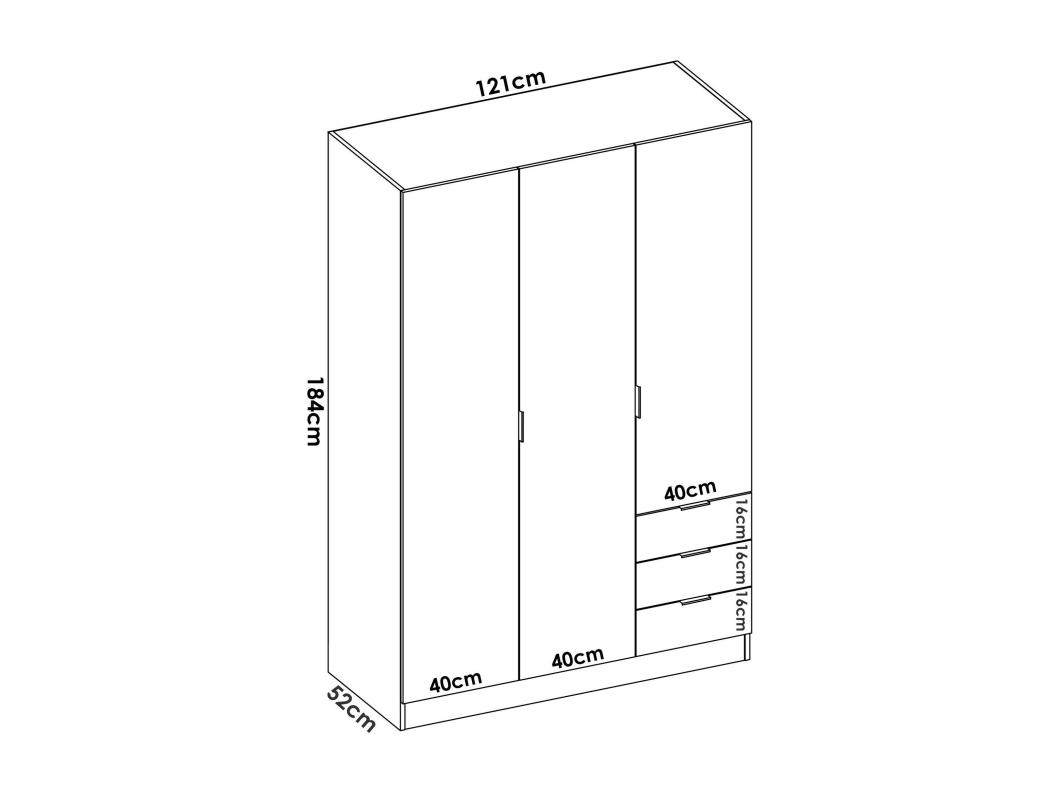 Dbarro Kledingkast, Kledinghanger voor slaapkamer, Kledingkast met 3 draaideuren en 3 laden, 121x52h184 cm, Wit