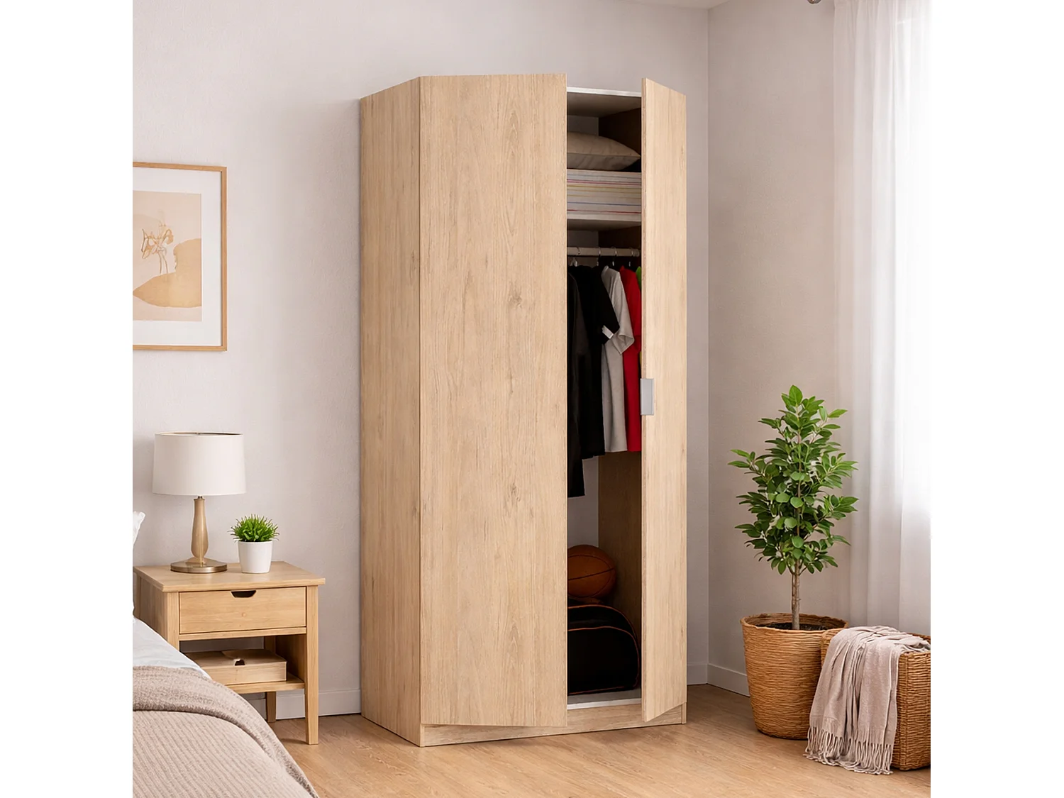 Armoire Deder, Cintre pour chambre à coucher, Armoire avec 2 portes battantes, 81x52h184 cm, Chêne