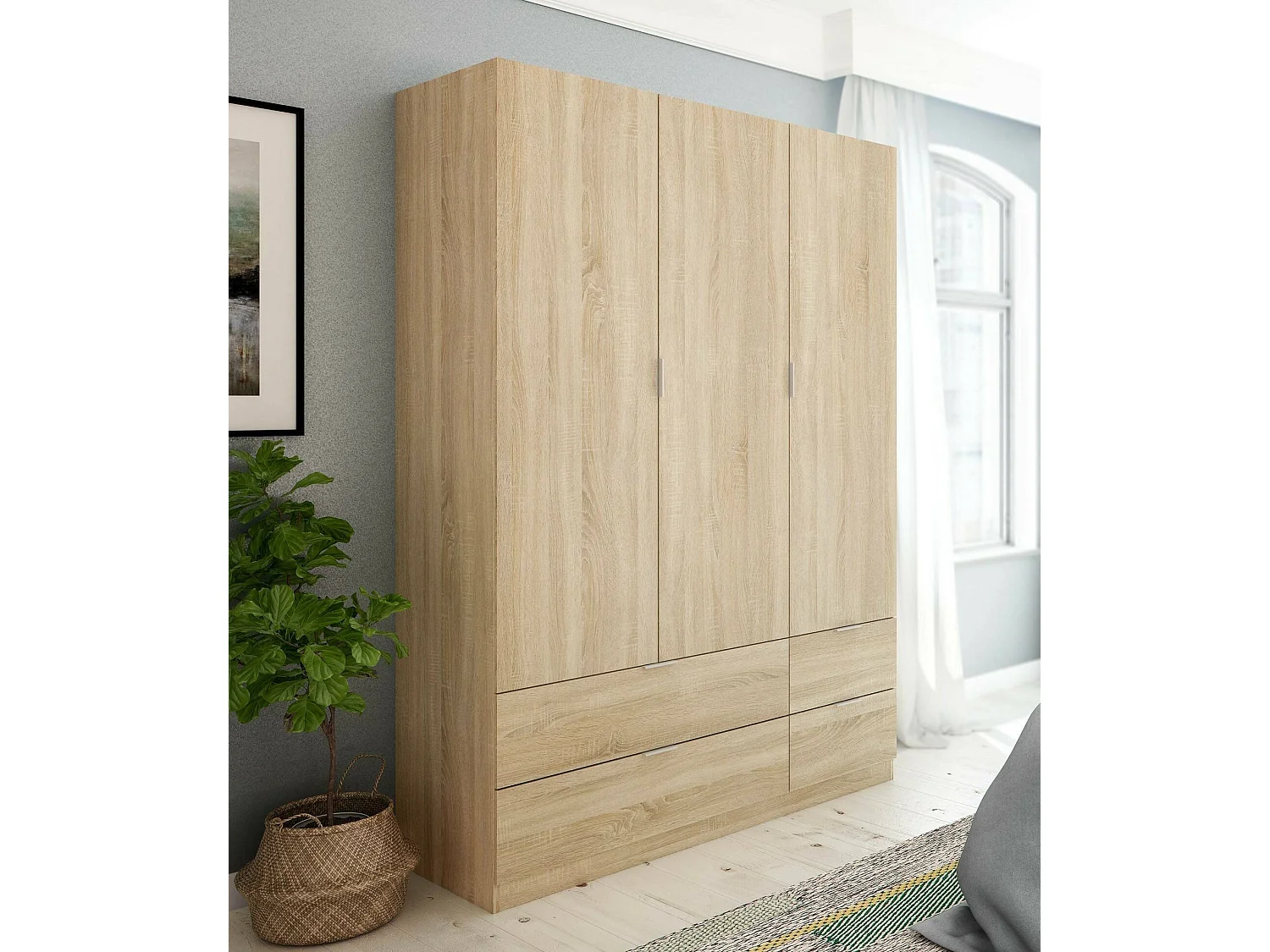 Armoire Dob, Armoire de chambre avec 3 portes et 2 tiroirs, Armoire à vêtements, 135x52h200 cm, Chêne