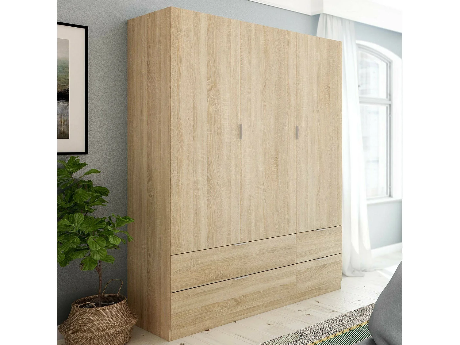 Armoire Dob, Armoire de chambre avec 3 portes et 2 tiroirs, Armoire à vêtements, 135x52h200 cm, Chêne