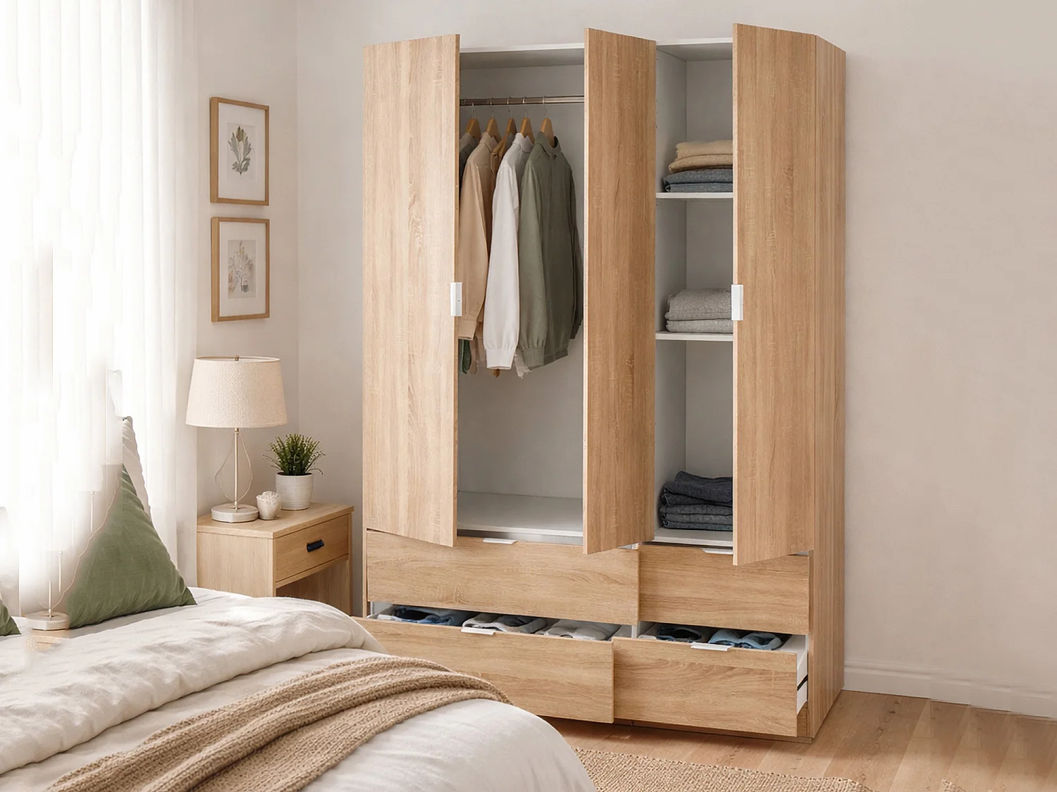 Armoire Dob, Armoire de chambre avec 3 portes et 2 tiroirs, Armoire à vêtements, 135x52h200 cm, Chêne