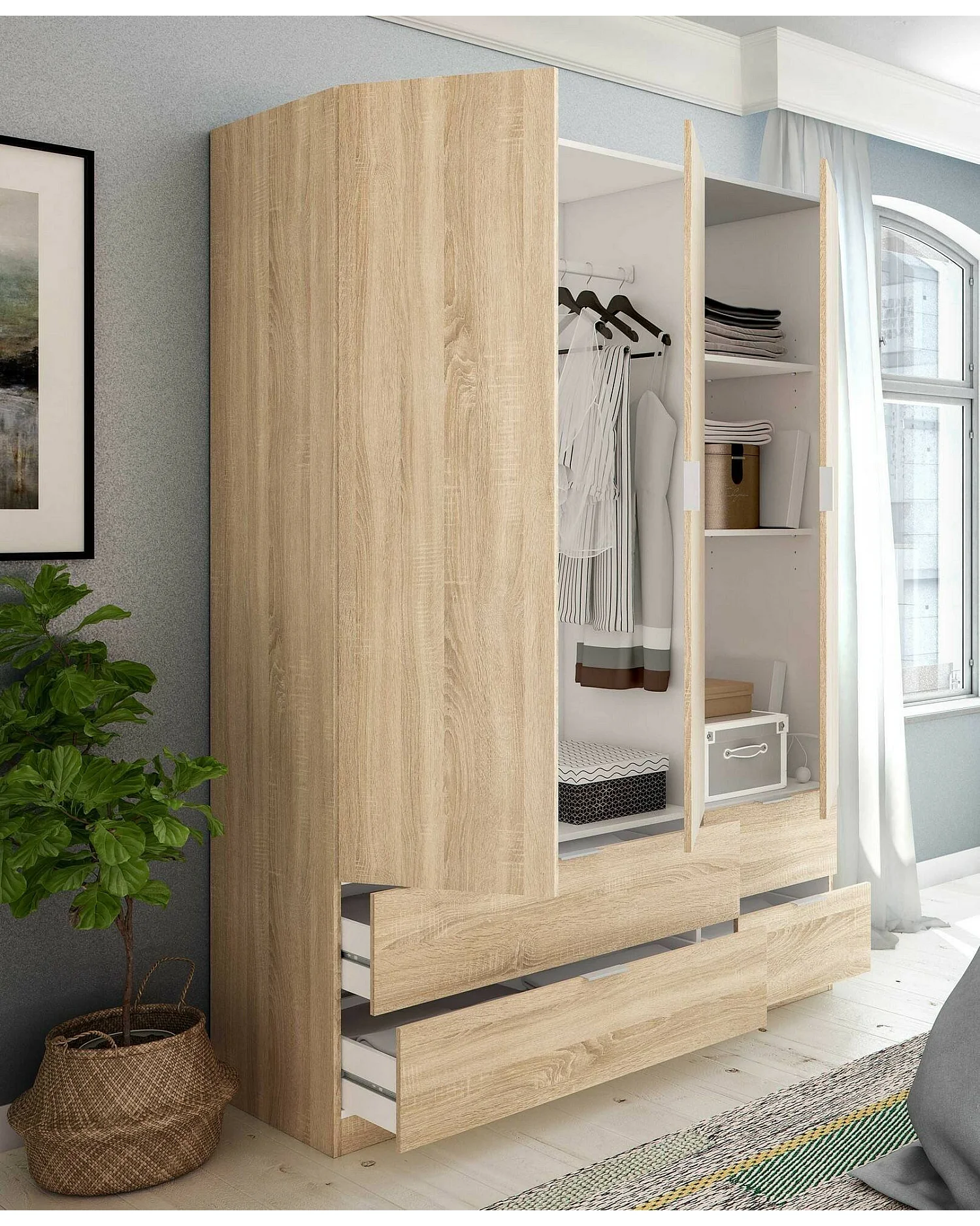 Armario Dob, Mueble de dormitorio con 3 puertas y 2 cajones, Perchero, 135x52h200 cm, Roble