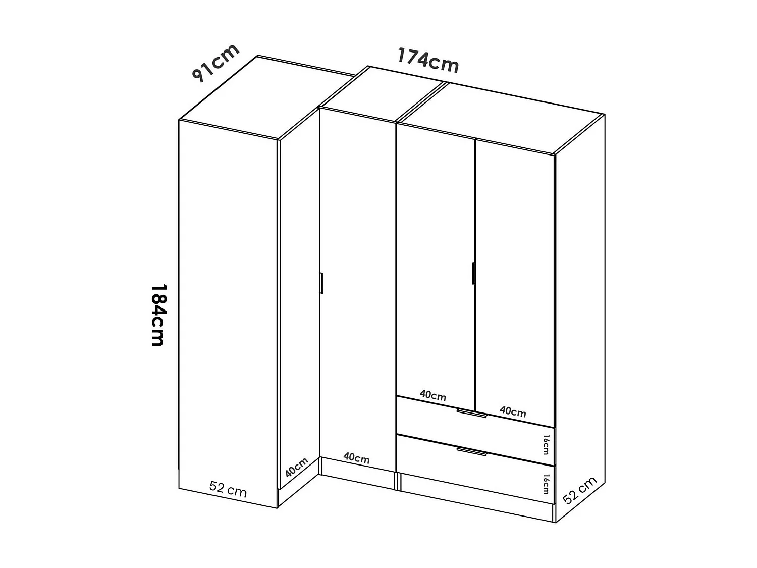 Armoire Dmellin, Armoire d'angle pour chambre à coucher, Armoire d'angle avec 4 portes battantes, 174x91h184 cm, Chêne