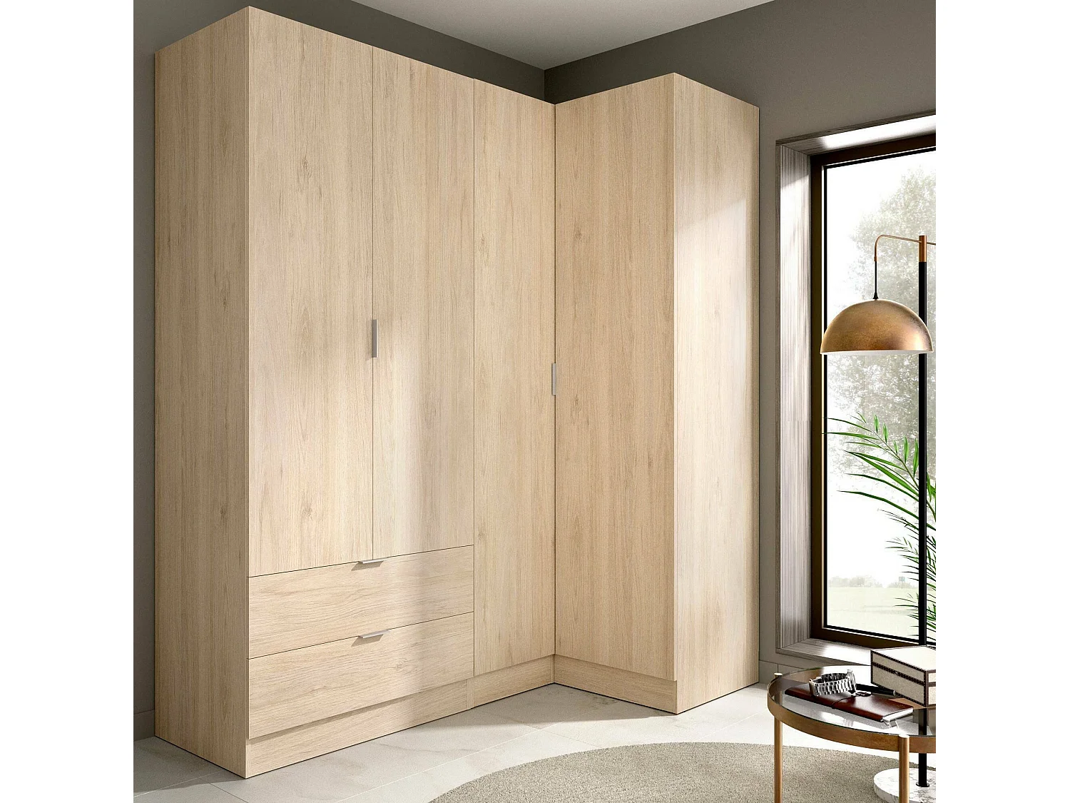 Armoire Dmellin, Armoire d'angle pour chambre à coucher, Armoire d'angle avec 4 portes battantes, 174x91h184 cm, Chêne
