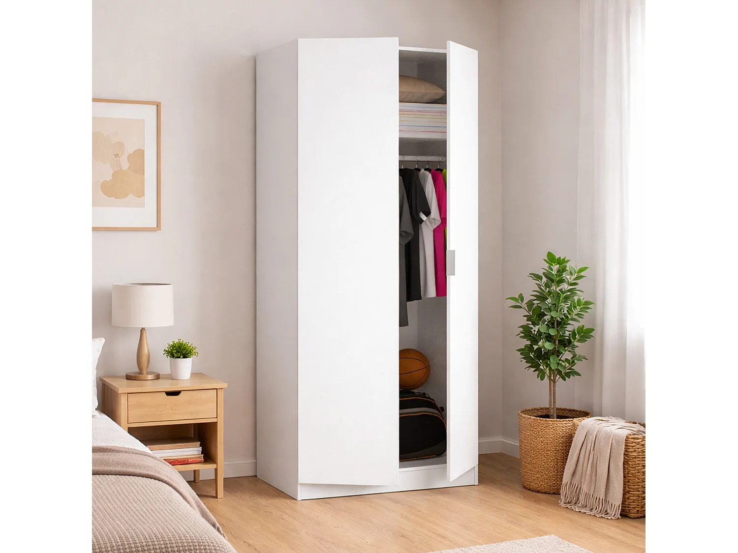 Deder Armoire, Cintre pour chambre à coucher, Armoire avec 2 portes battantes, 81x52h184 cm, Blanc