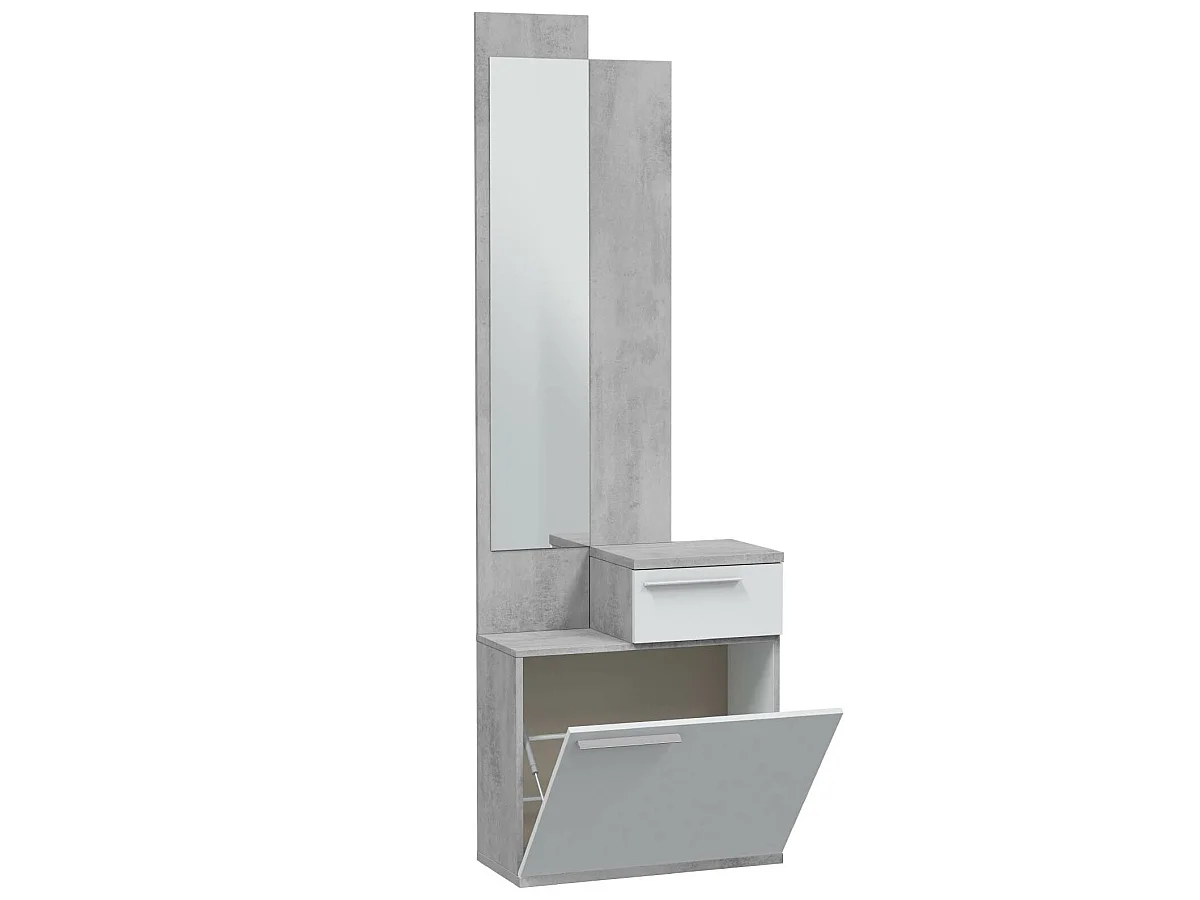 Meuble d'entrée, meuble de rangement  coloris gris cendre, blanc brillant - longueur 61 x hauteur 185 x profondeur 28 cm