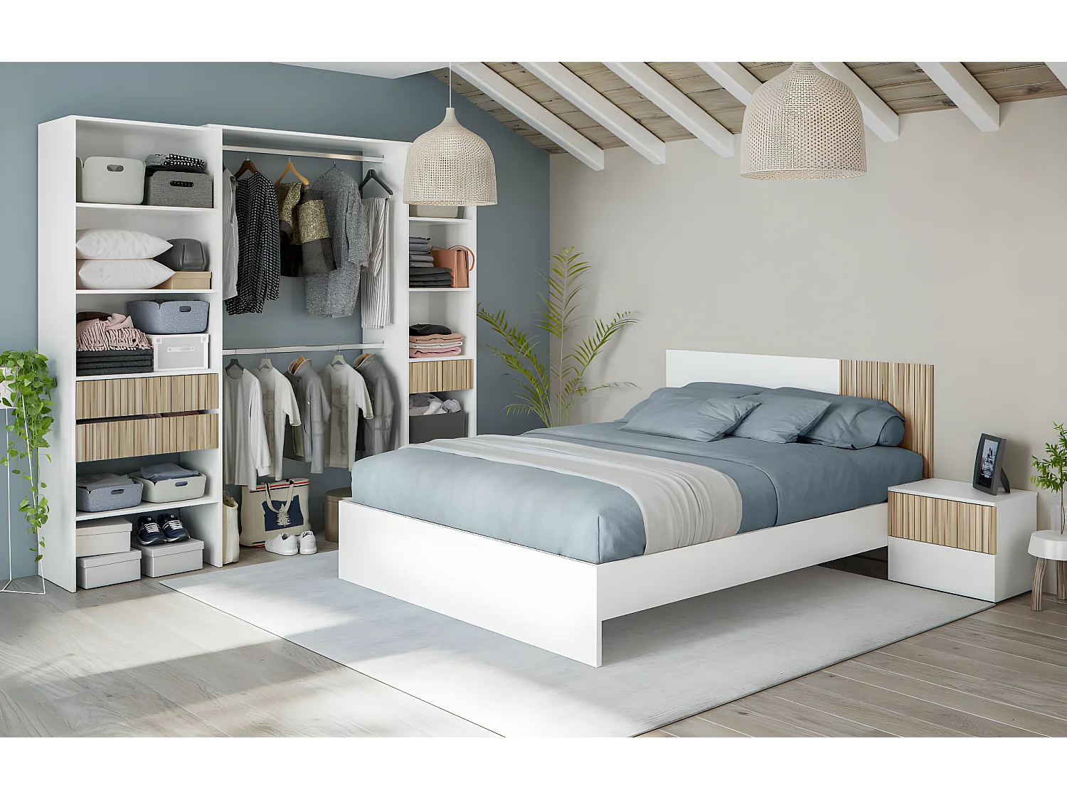 Ensemble de tête de lit + 2 tables de chevet coloris blanc artic, naturel