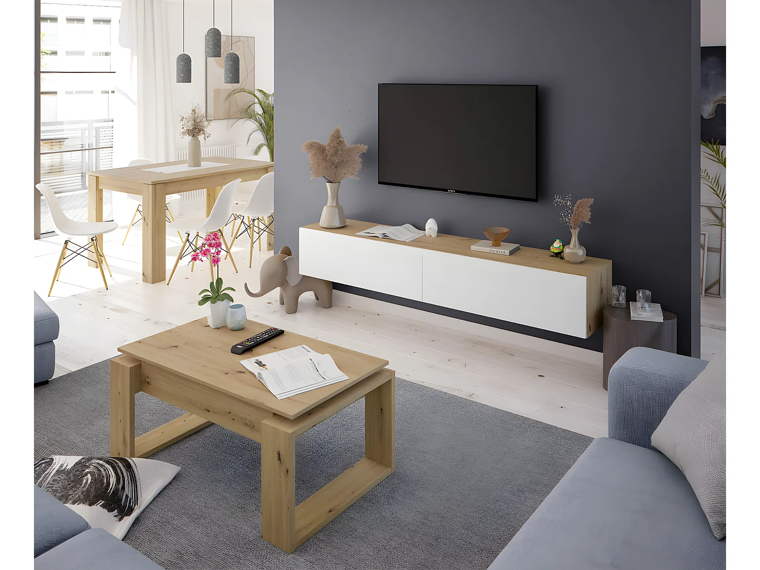 Table à manger extensible coloris chêne nordique - longueur 140-190 x hauteur 78 x profondeur 90 cm