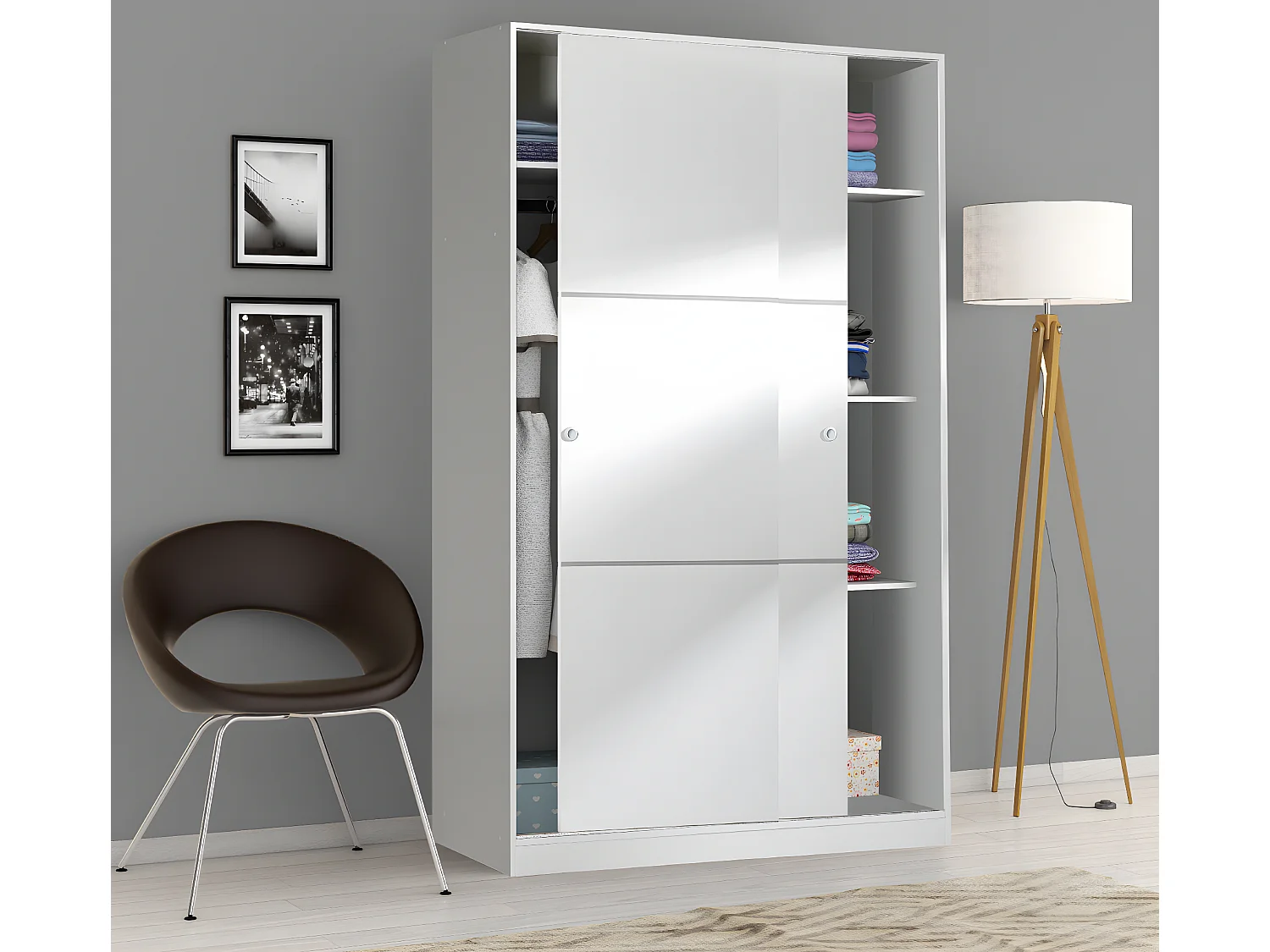 Armoire, placard avec 2 portes coulissantes coloris blanc  brillant -  longueur 120 x hauteur 200 x profondeur 50 cm
