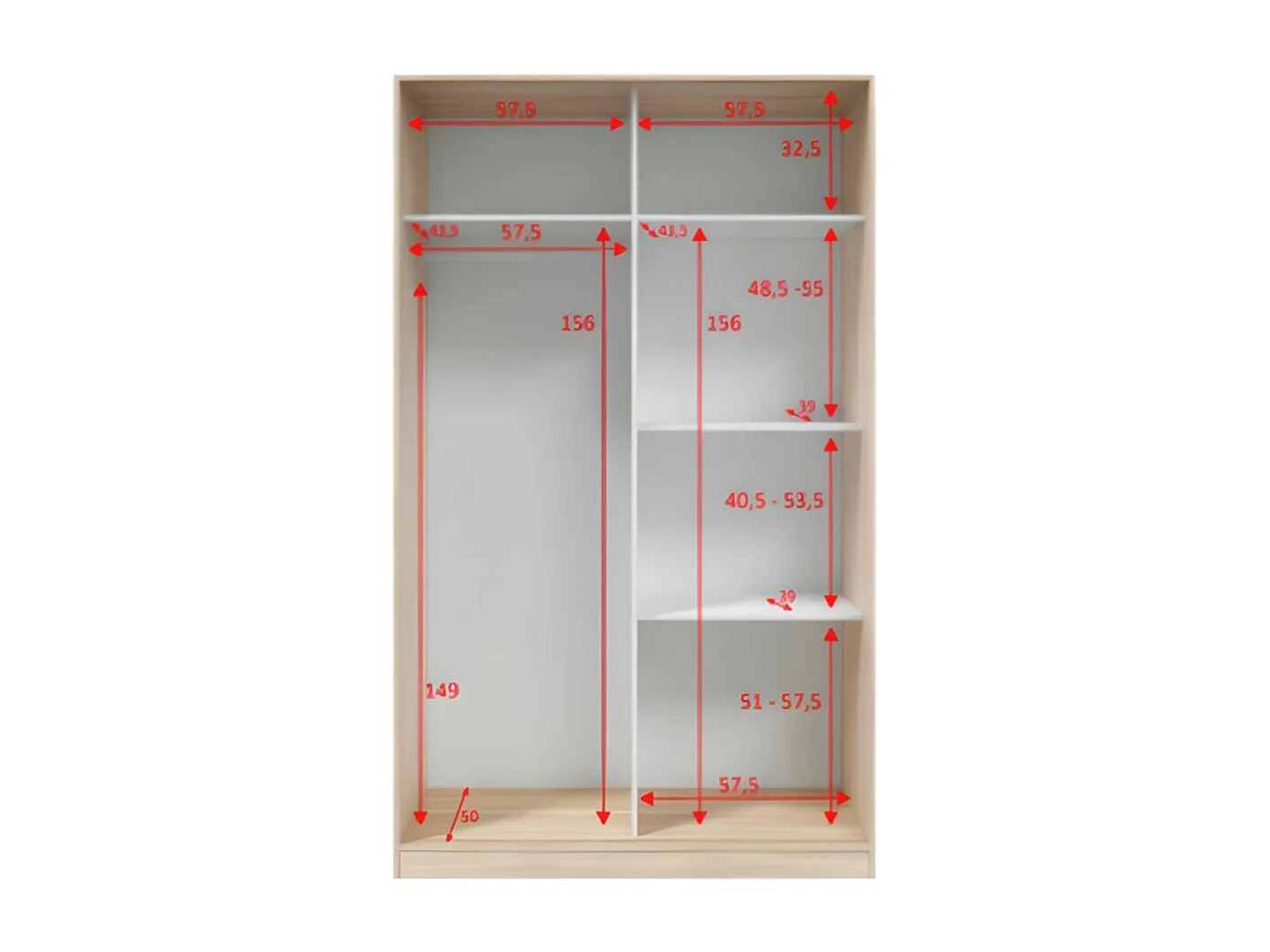 Armoire, placard avec 2 portes coloris chêne canadien, blanc artic -  longueur 120 x hauteur 200 x profondeur 50 cm