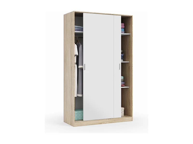 Armoire, placard avec 2 portes coloris chêne canadien, blanc artic -  longueur 120 x hauteur 200 x profondeur 50 cm