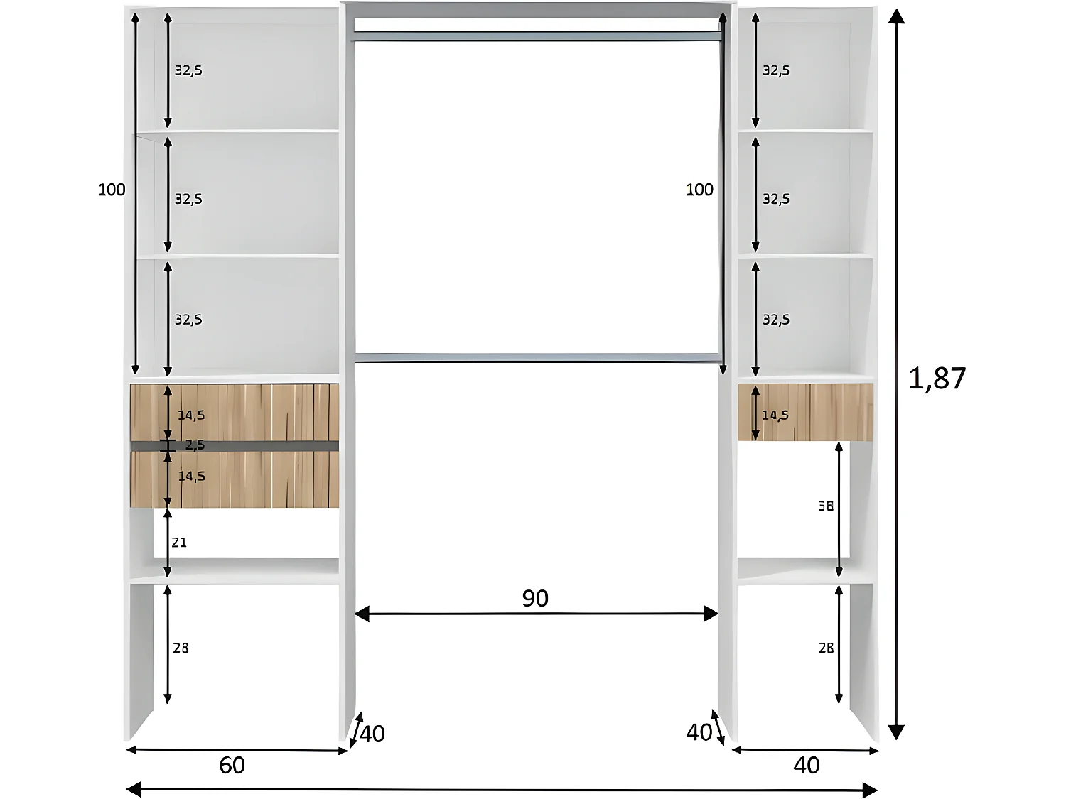 Armoire, dressing avec 3 tiroirs coloris blanc artic, naturel - longueur 190 x hauteur 187 x profondeur 40 cm
